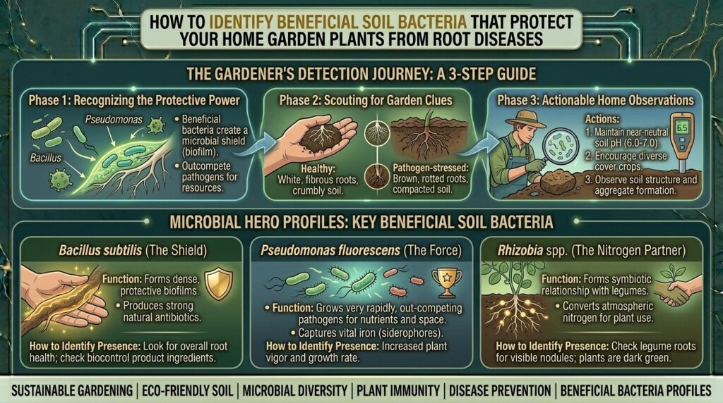 How to identify beneficial soil bacteria that protect your home garden plants from root diseases.
