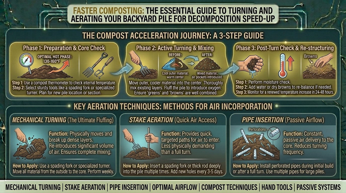 How to properly turn and aerate a backyard compost pile to speed up organic decomposition.