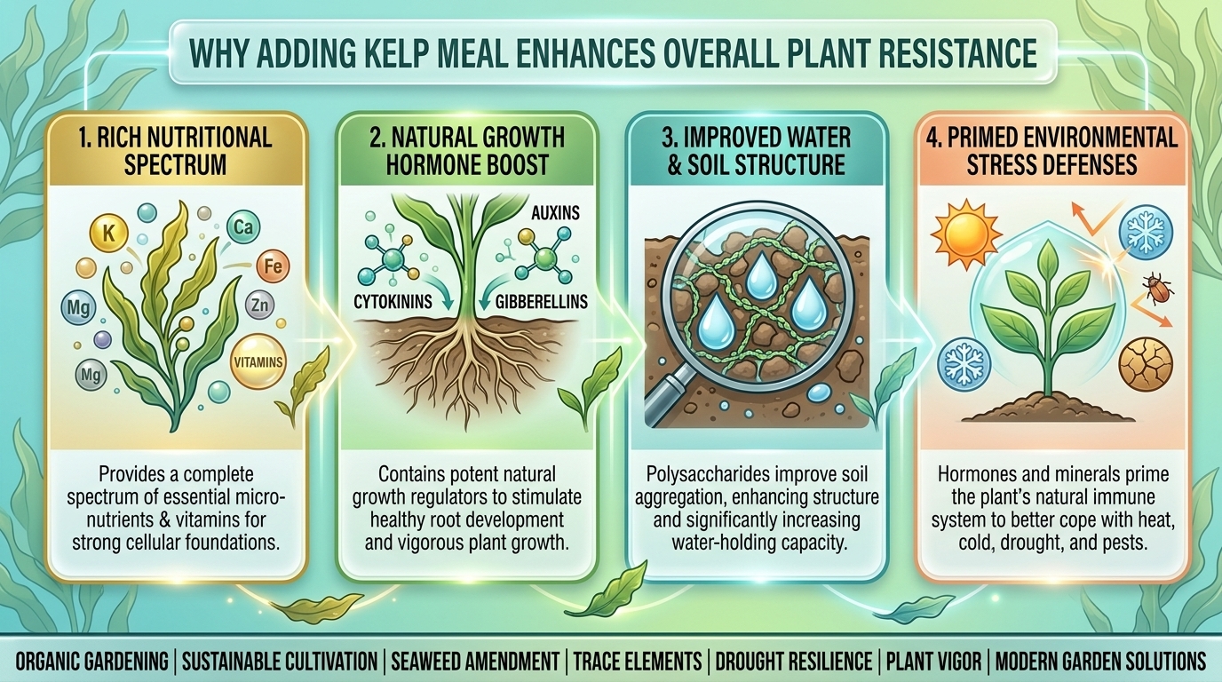 Why adding kelp meal to your garden soil enhances overall plant resistance against environmental stress.