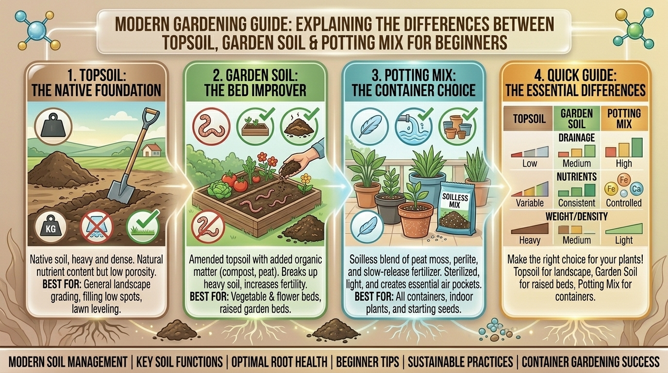 What are the primary differences between topsoil, garden soil, and potting mix for beginners?