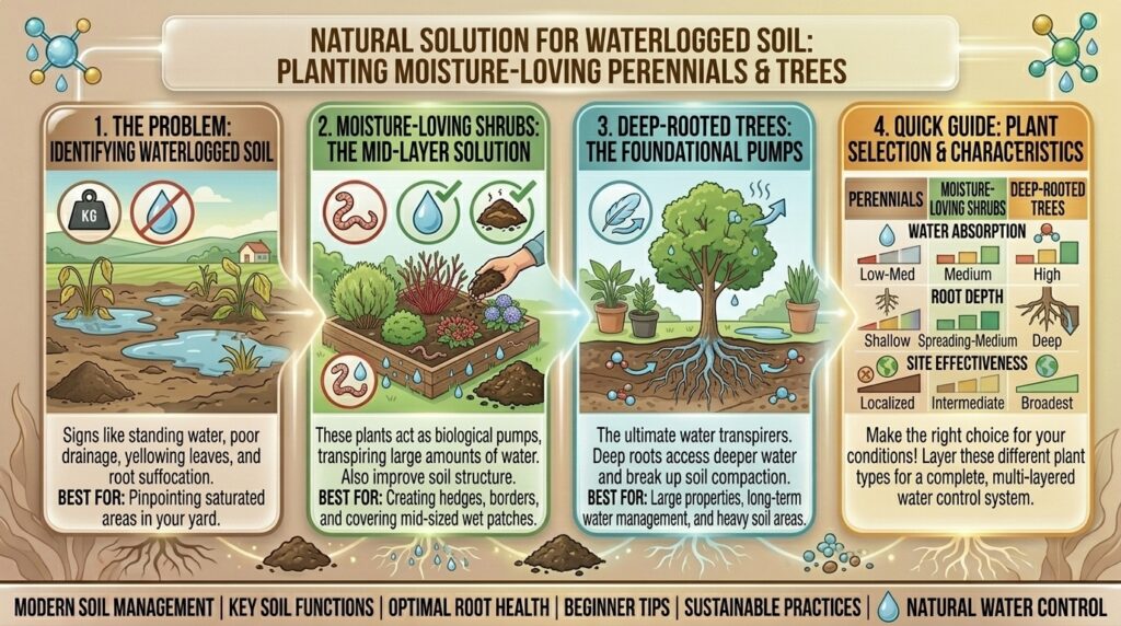 How to fix waterlogged garden soil naturally by planting moisture-loving perennial shrubs and trees.
