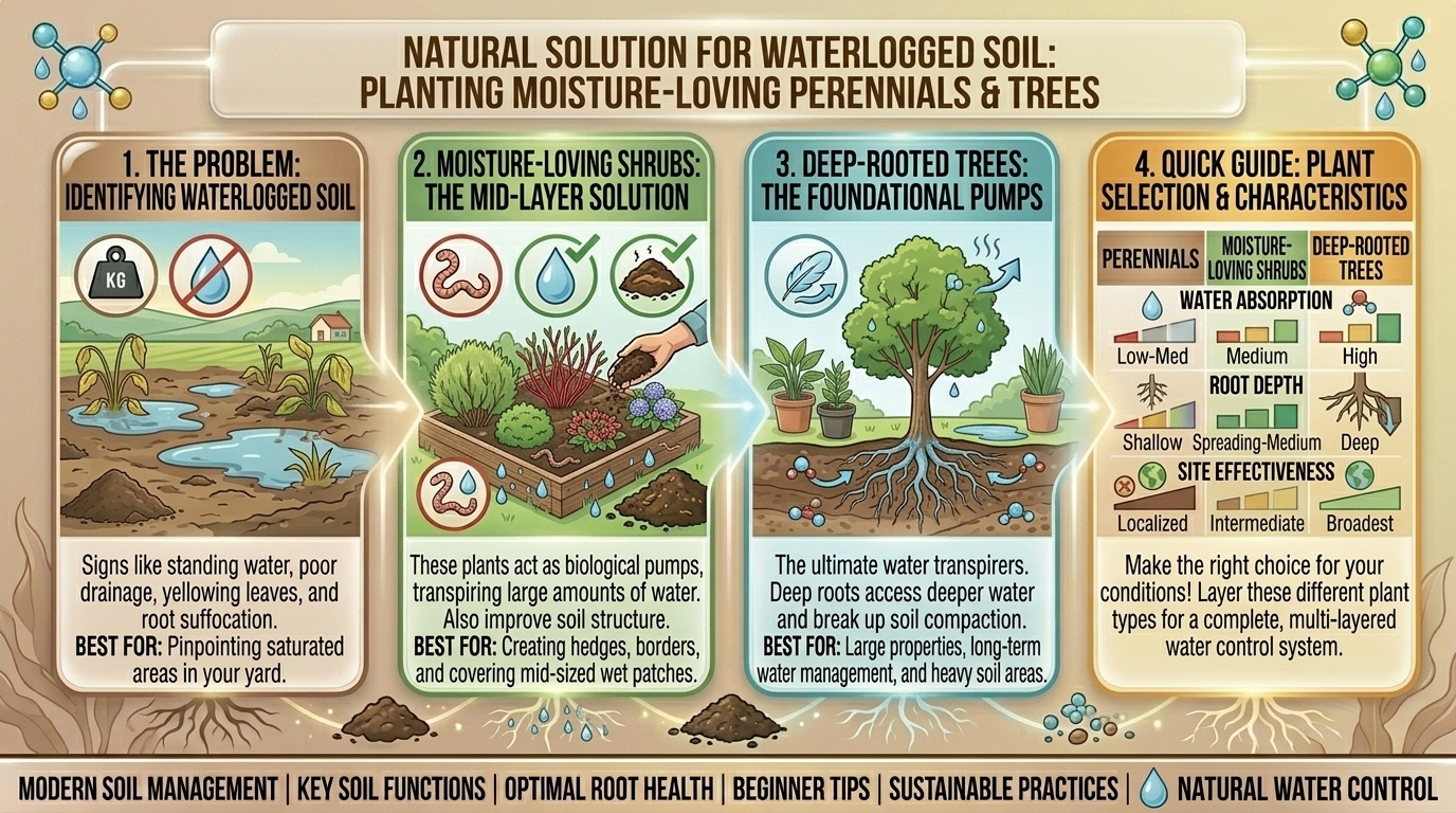 How to fix waterlogged garden soil naturally by planting moisture-loving perennial shrubs and trees.