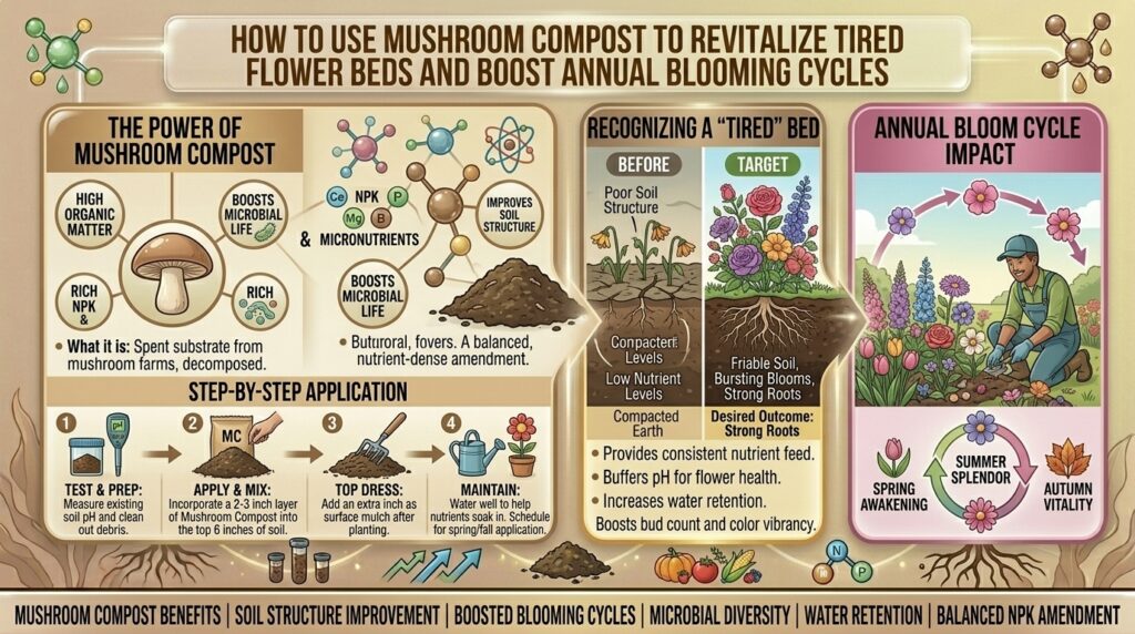 How to use mushroom compost to revitalize tired flower beds and boost annual blooming cycles.
