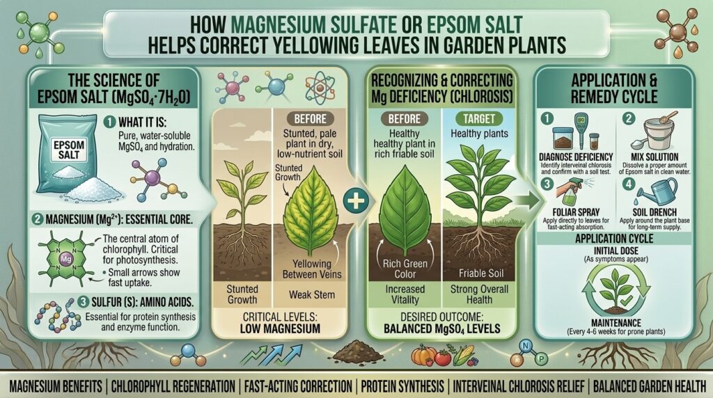 Why magnesium sulfate or Epsom salt can help correct yellowing leaves in garden plants.