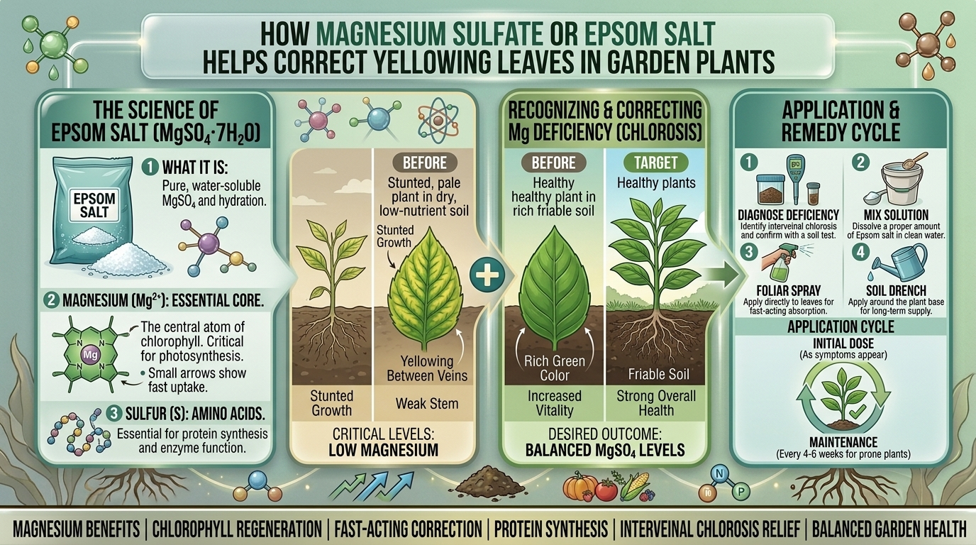 Why magnesium sulfate or Epsom salt can help correct yellowing leaves in garden plants.