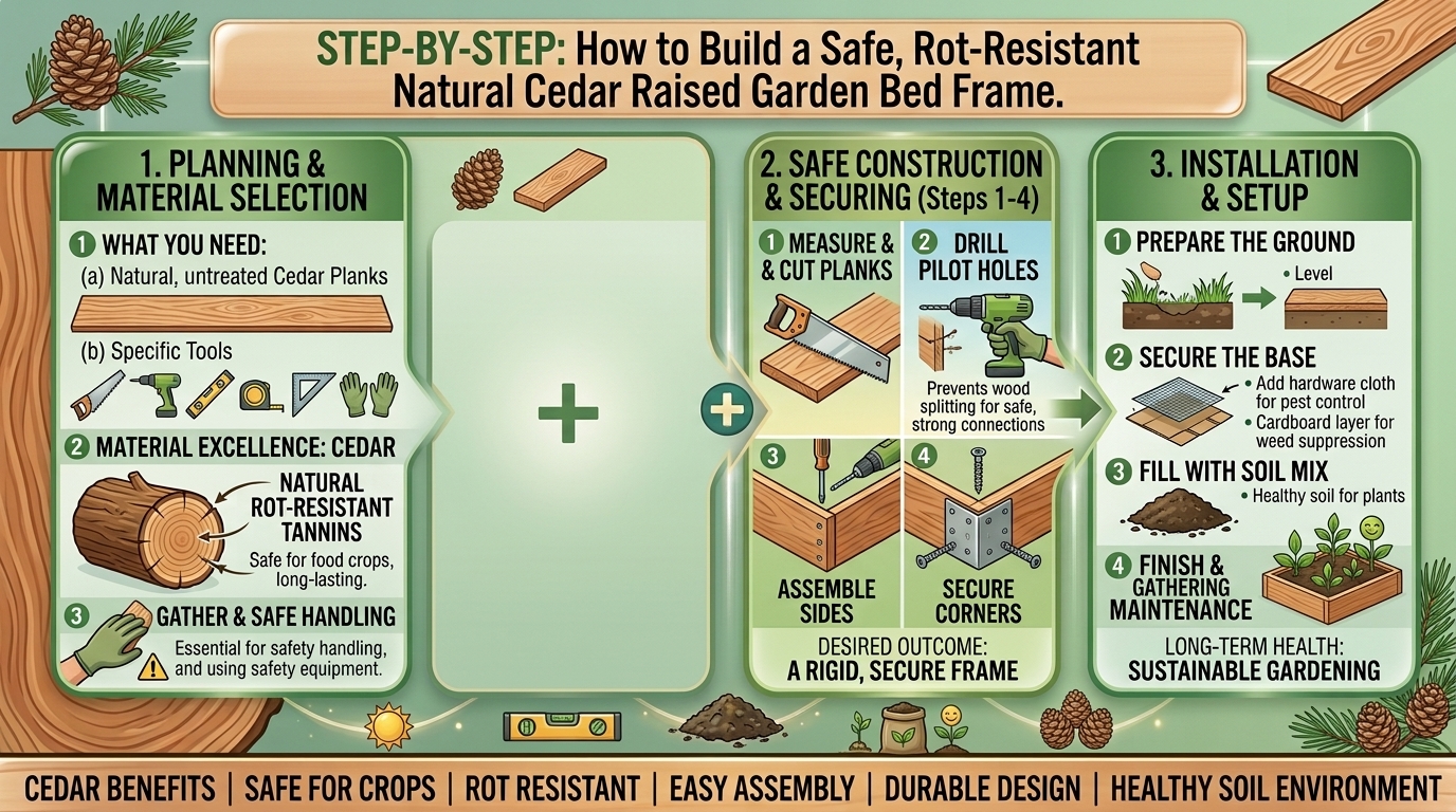 How to build a raised garden bed frame using rot-resistant natural cedar wood planks safely.