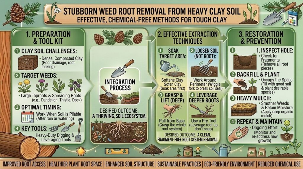 How to effectively remove stubborn weed roots from heavy clay soil without using chemical herbicides.