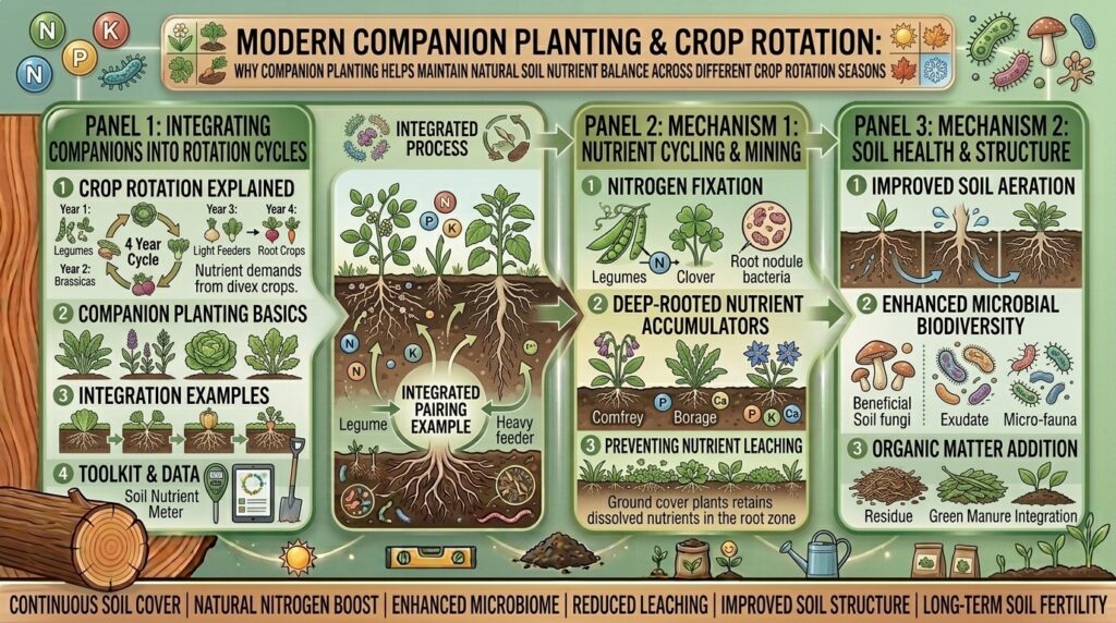 Why companion planting helps maintain natural soil nutrient balance across different crop rotation seasons.