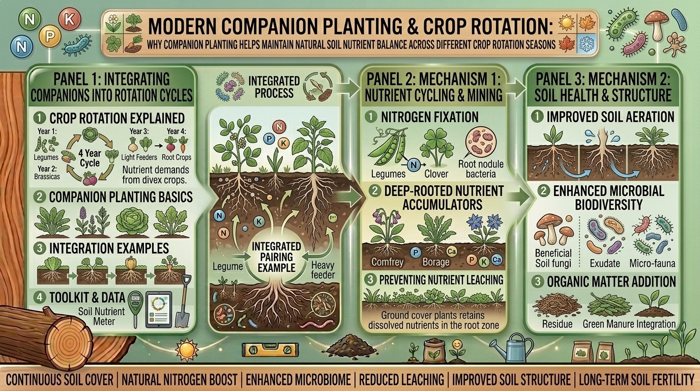 Why companion planting helps maintain natural soil nutrient balance across different crop rotation seasons.