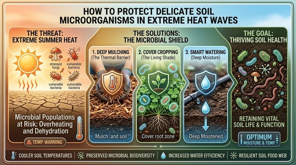 How to protect delicate soil microorganisms from dying during extreme summer heat wave conditions.