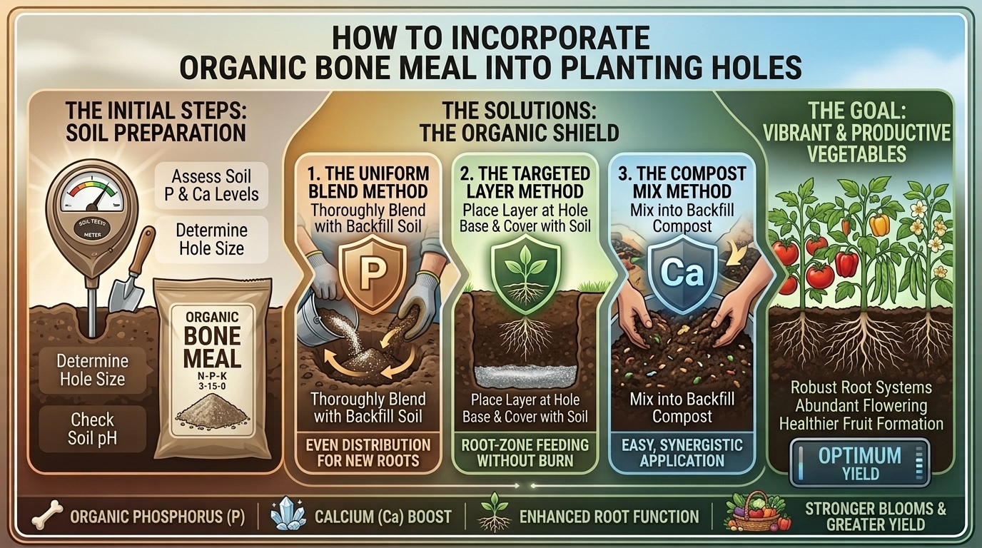 What are the best ways to incorporate organic bone meal into your vegetable garden planting holes?