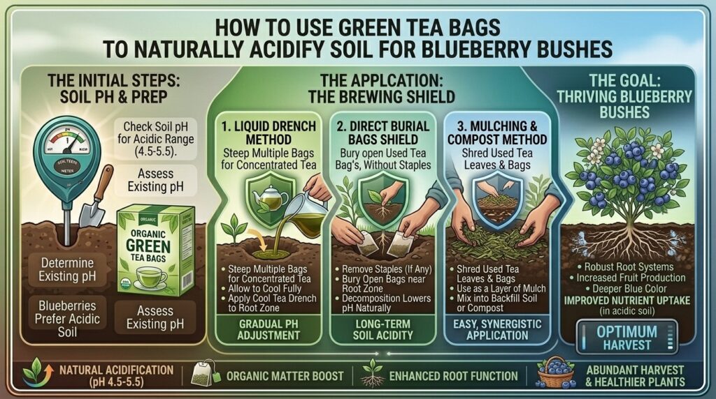 How to use green tea bags to naturally acidify the soil around acid-loving blueberry bushes.