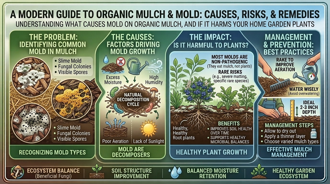 What causes organic mulch to mold, and is it harmful to your home garden plants?