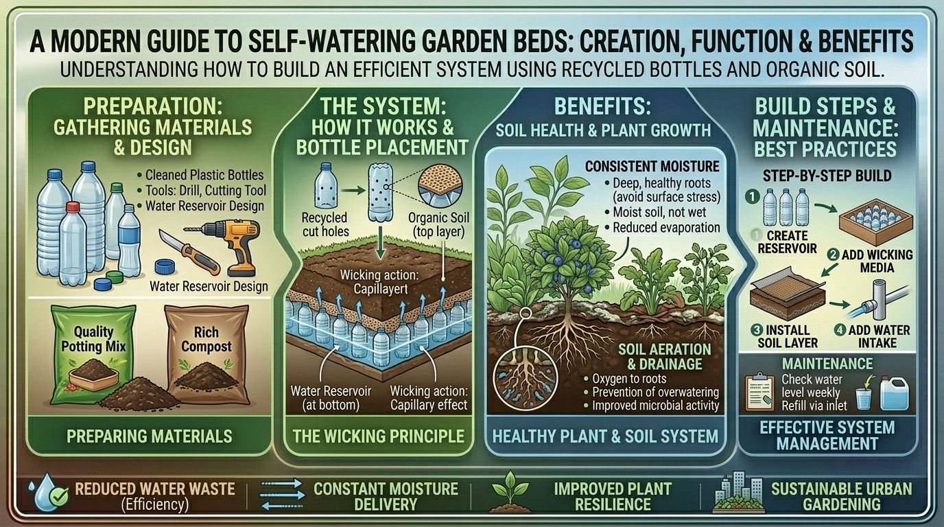 How to create a self-watering garden bed system using recycled plastic bottles and organic soil.