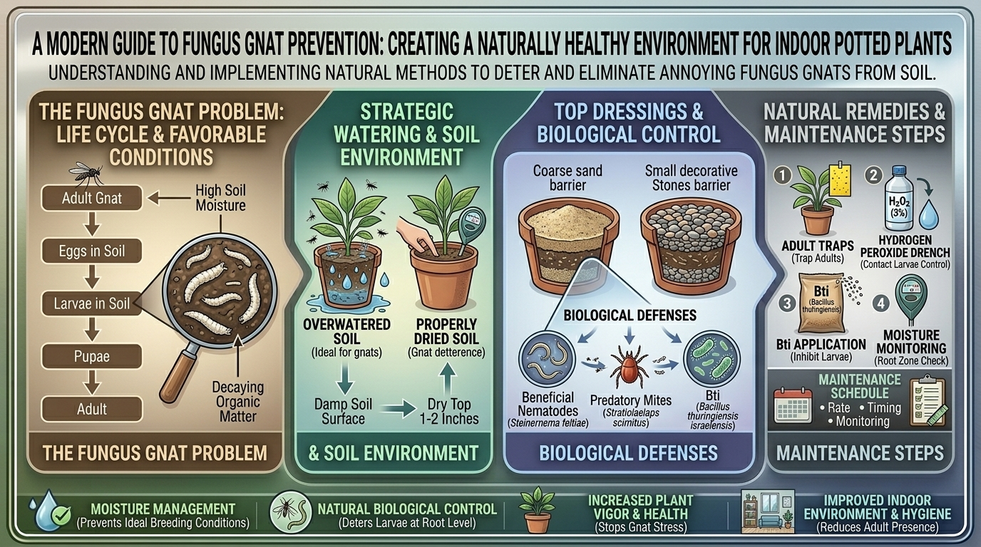 How to prevent your indoor potted plant soil from developing annoying fungus gnats naturally.
