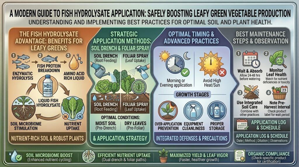 How to safely apply liquid fish hydrolysate fertilizer to boost leafy green vegetable production.