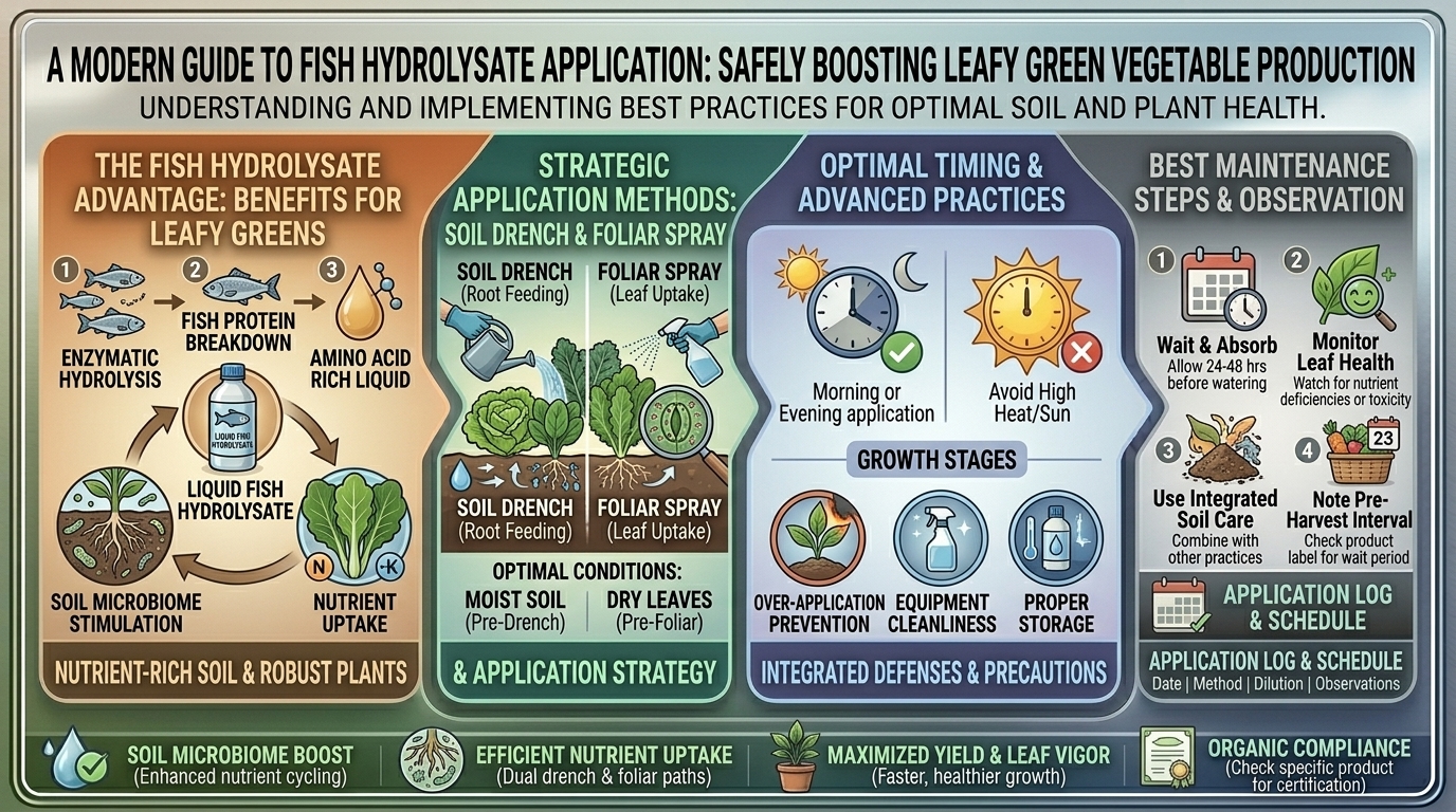 How to safely apply liquid fish hydrolysate fertilizer to boost leafy green vegetable production.