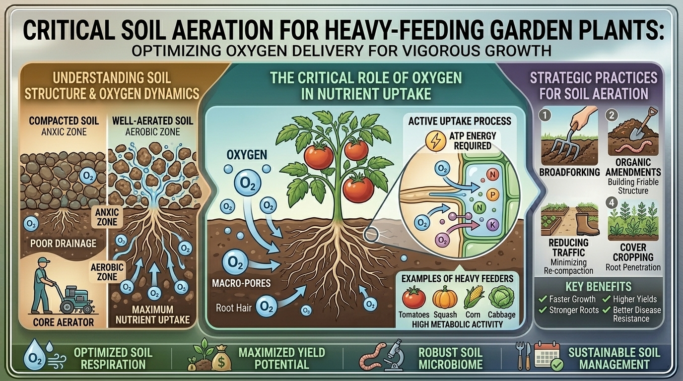 Why soil aeration is critical for delivering oxygen to the roots of heavy-feeding garden plants.