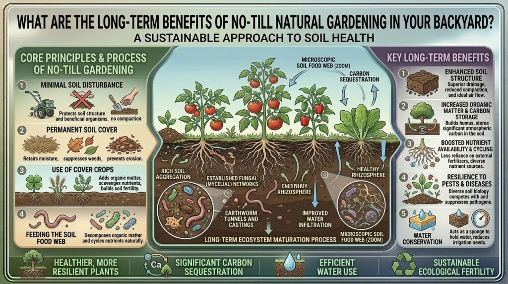 What are the long-term benefits of practicing no-till natural gardening methods in your backyard?