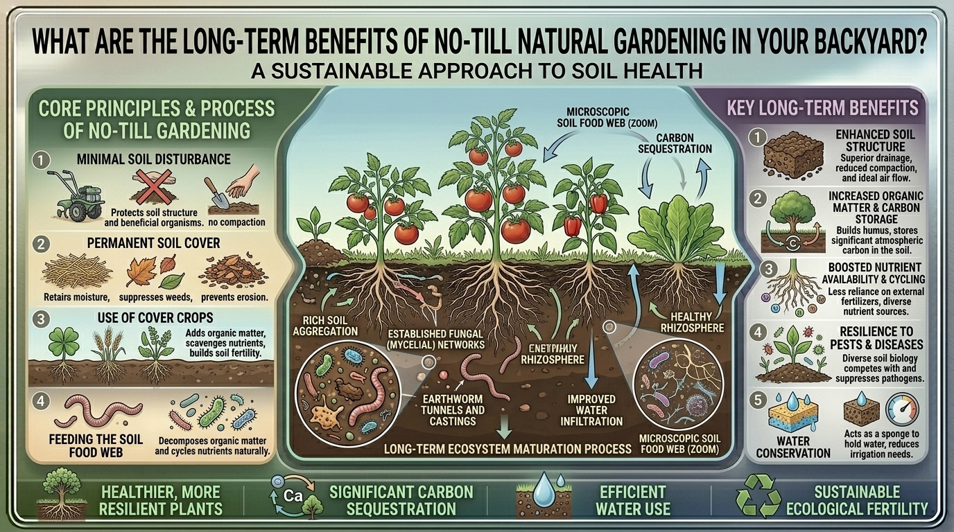 What are the long-term benefits of practicing no-till natural gardening methods in your backyard?