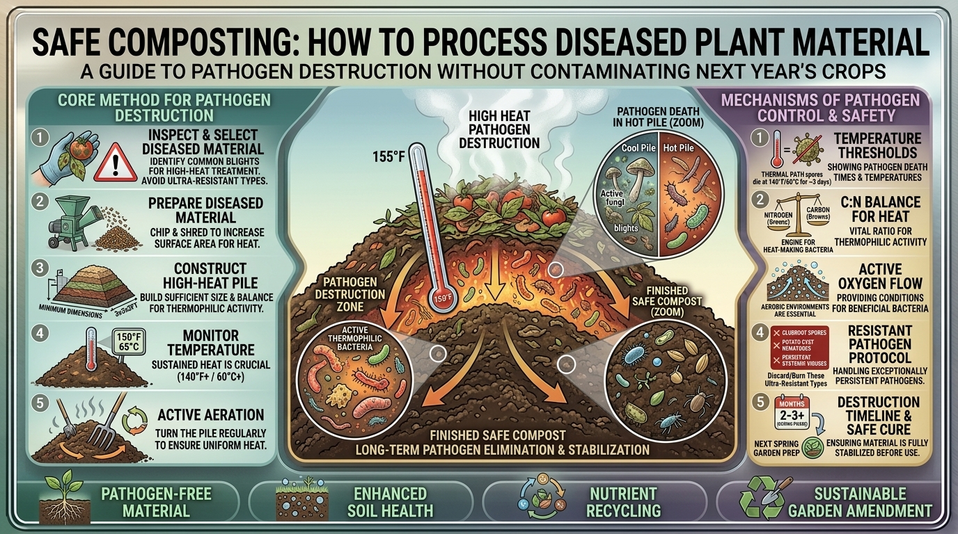 How to safely compost diseased garden plant material without spreading pathogens to next year's crops.