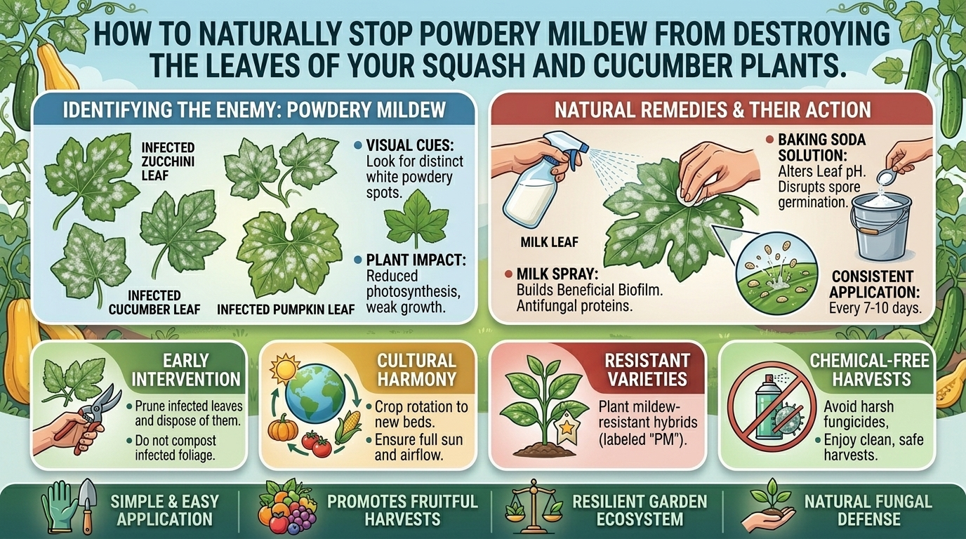 How to naturally stop powdery mildew from destroying the leaves of your squash and cucumber plants.