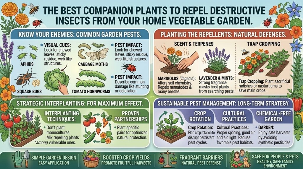 What are the most effective companion plants to repel destructive insects from your home vegetable garden?