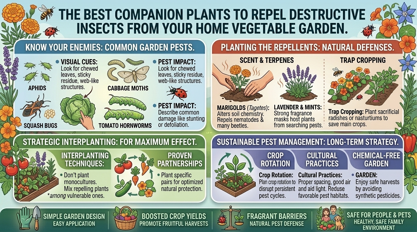 What are the most effective companion plants to repel destructive insects from your home vegetable garden?