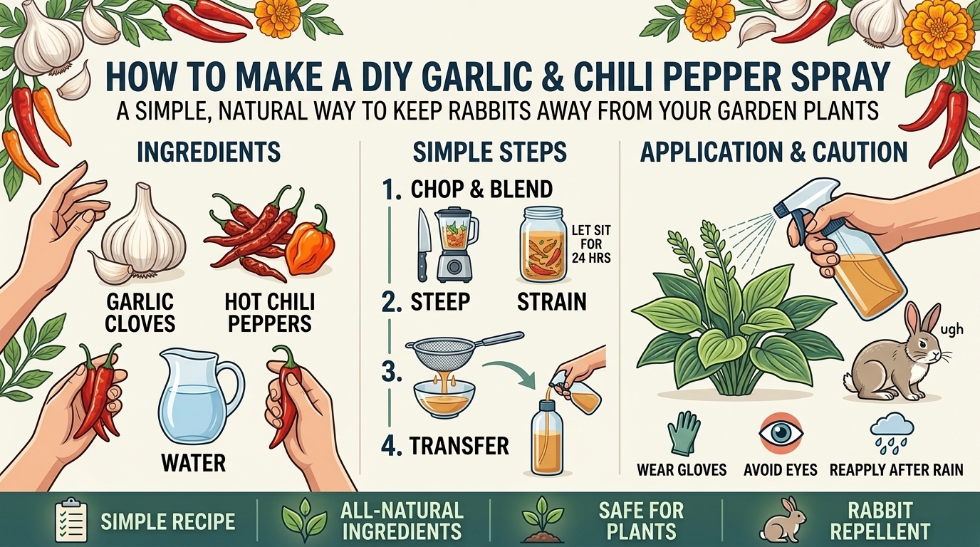 How to make a DIY garlic and chili pepper spray to keep rabbits away from plants.