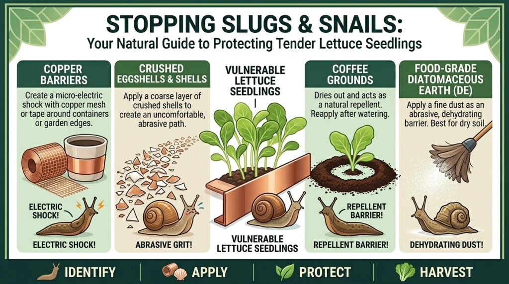 What are the best natural barriers to prevent slugs and snails from eating your tender lettuce seedlings?
