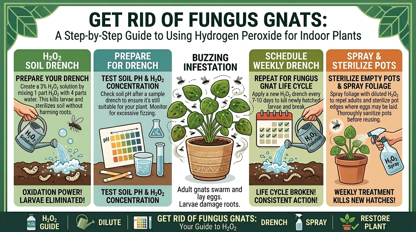 How to get rid of fungus gnats buzzing around your indoor potted plants using hydrogen peroxide.