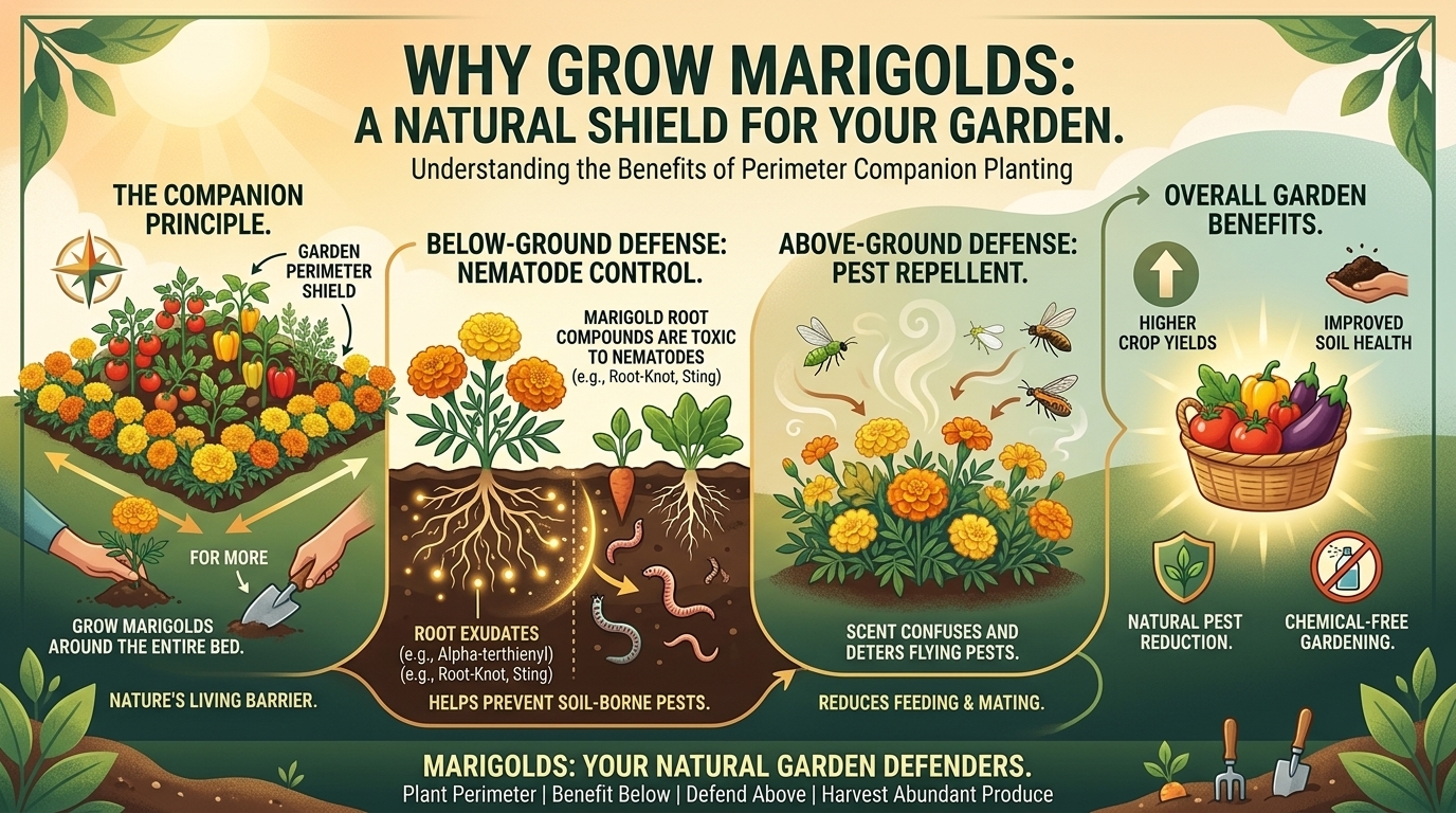 Why growing marigolds around the perimeter of your garden naturally deters harmful nematodes and bugs.