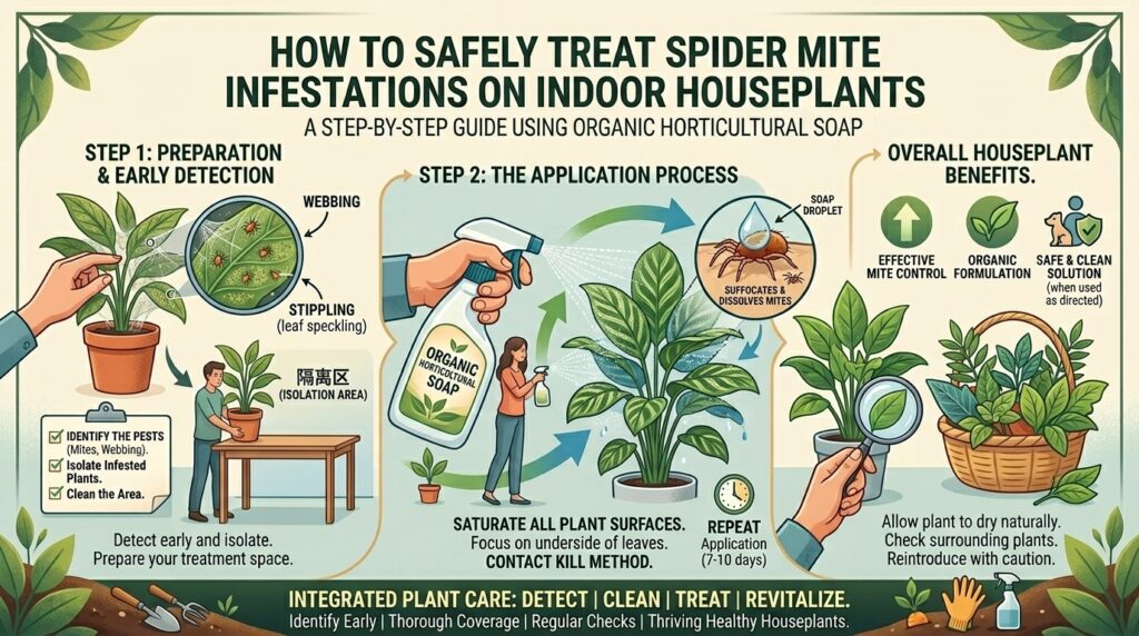 How to safely treat spider mite infestations on indoor houseplants using organic horticultural insecticidal soap.