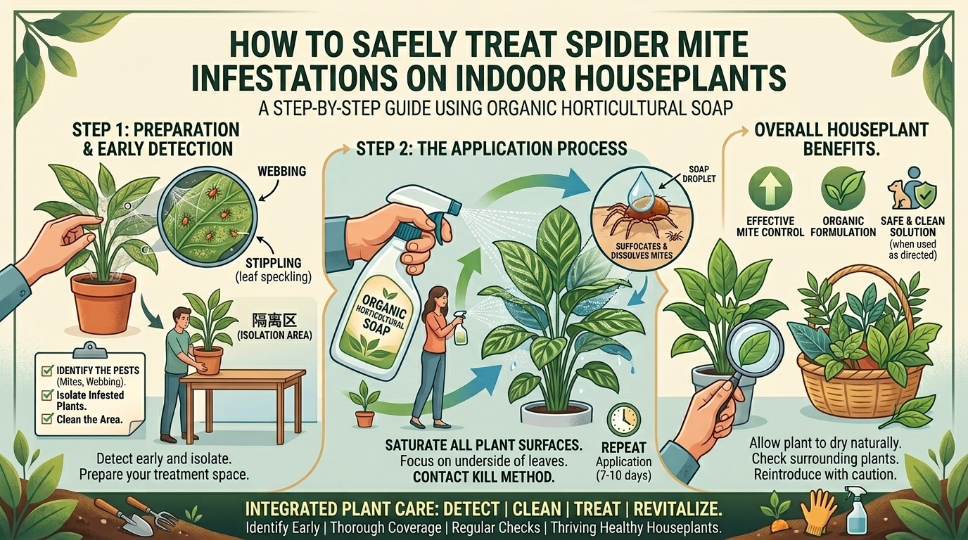 How to safely treat spider mite infestations on indoor houseplants using organic horticultural insecticidal soap.