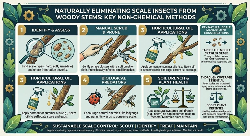 How to naturally eliminate scale insects from woody stems without using harsh synthetic chemical pesticides.