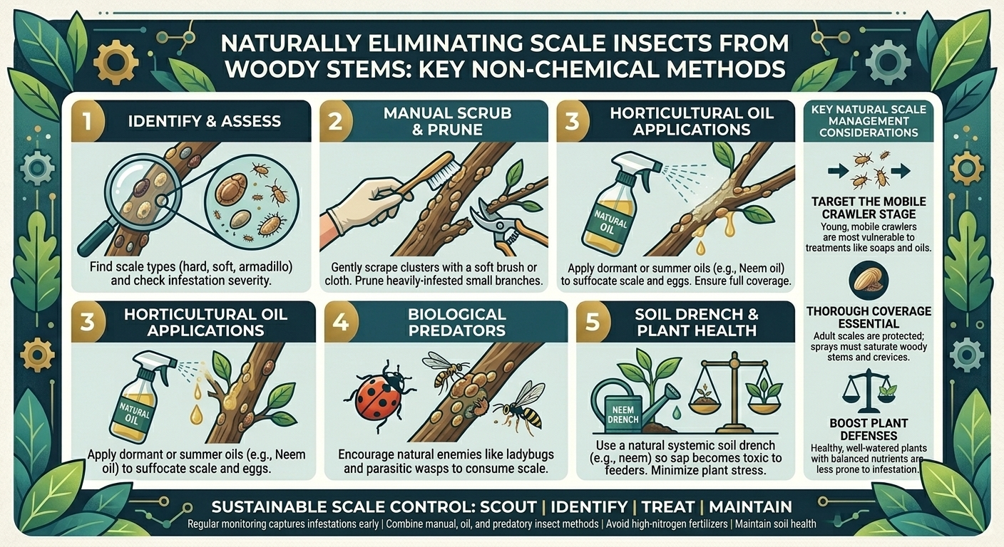 How to naturally eliminate scale insects from woody stems without using harsh synthetic chemical pesticides.