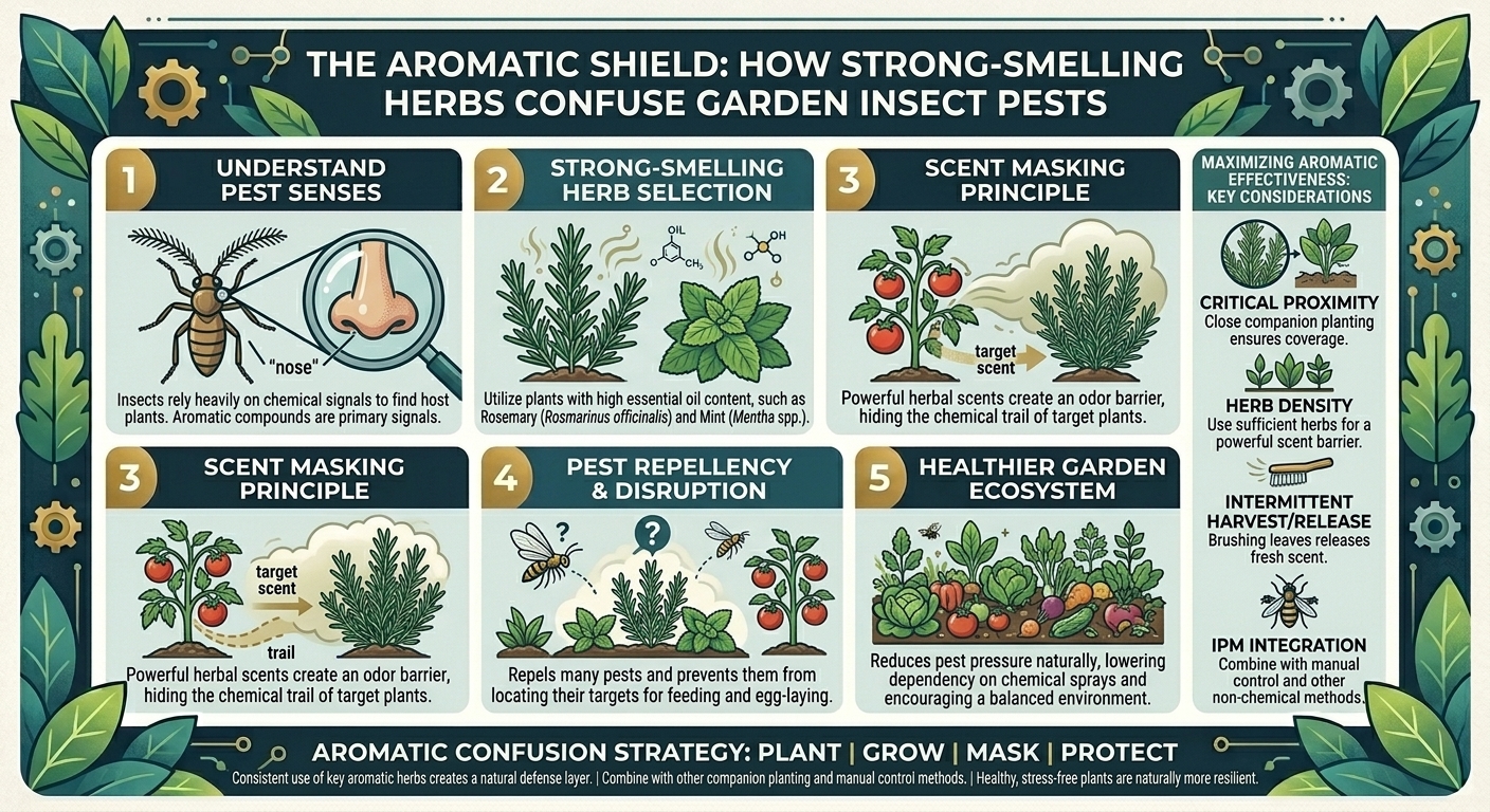 Why planting strong-smelling herbs like rosemary and mint helps confuse wandering garden insect pests.