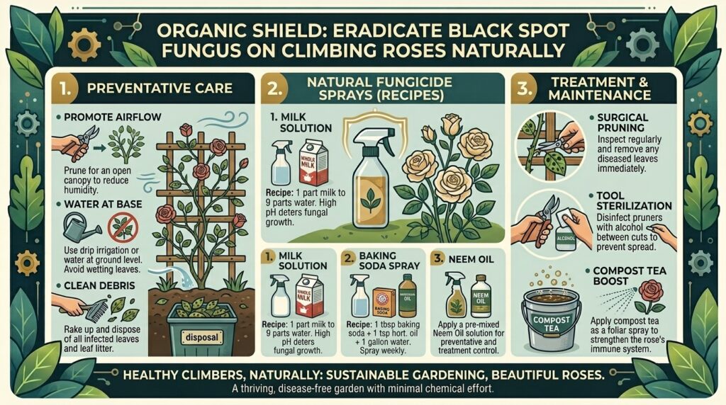 What are the best organic treatments for getting rid of black spot fungus on climbing roses?