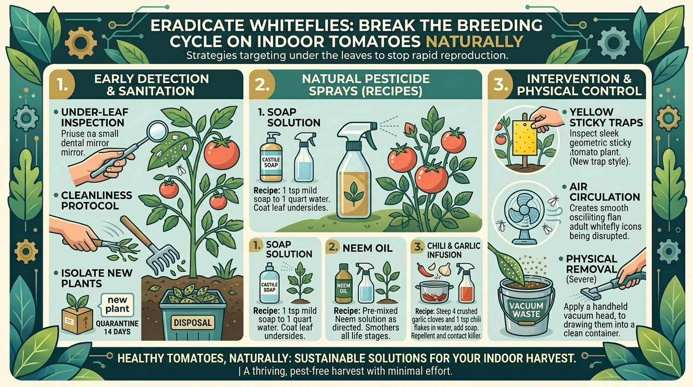 How to stop whiteflies from multiplying rapidly under the leaves of your indoor tomato plants.