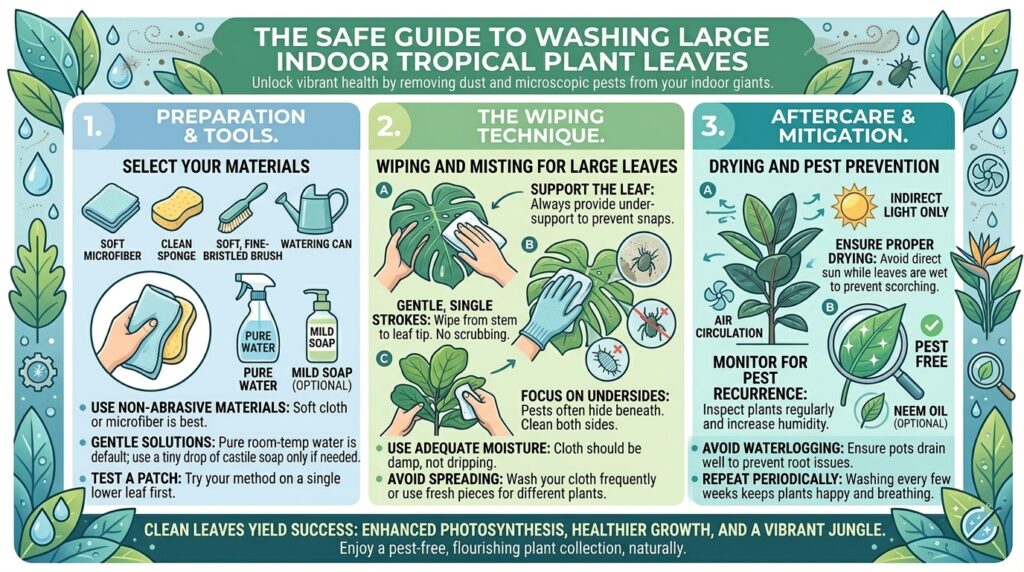 How to safely wash dust and microscopic pests off the leaves of large indoor tropical plants.