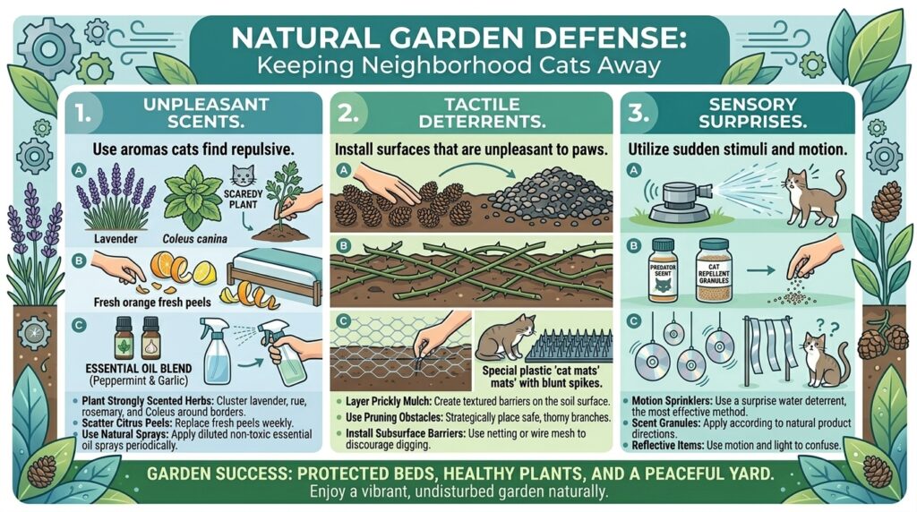 What are the best natural ways to keep neighborhood cats from using your garden beds as toilets?