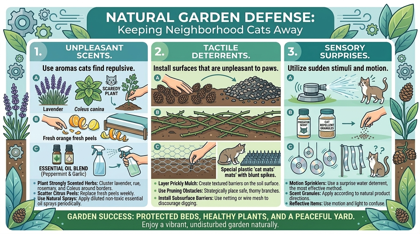 What are the best natural ways to keep neighborhood cats from using your garden beds as toilets?
