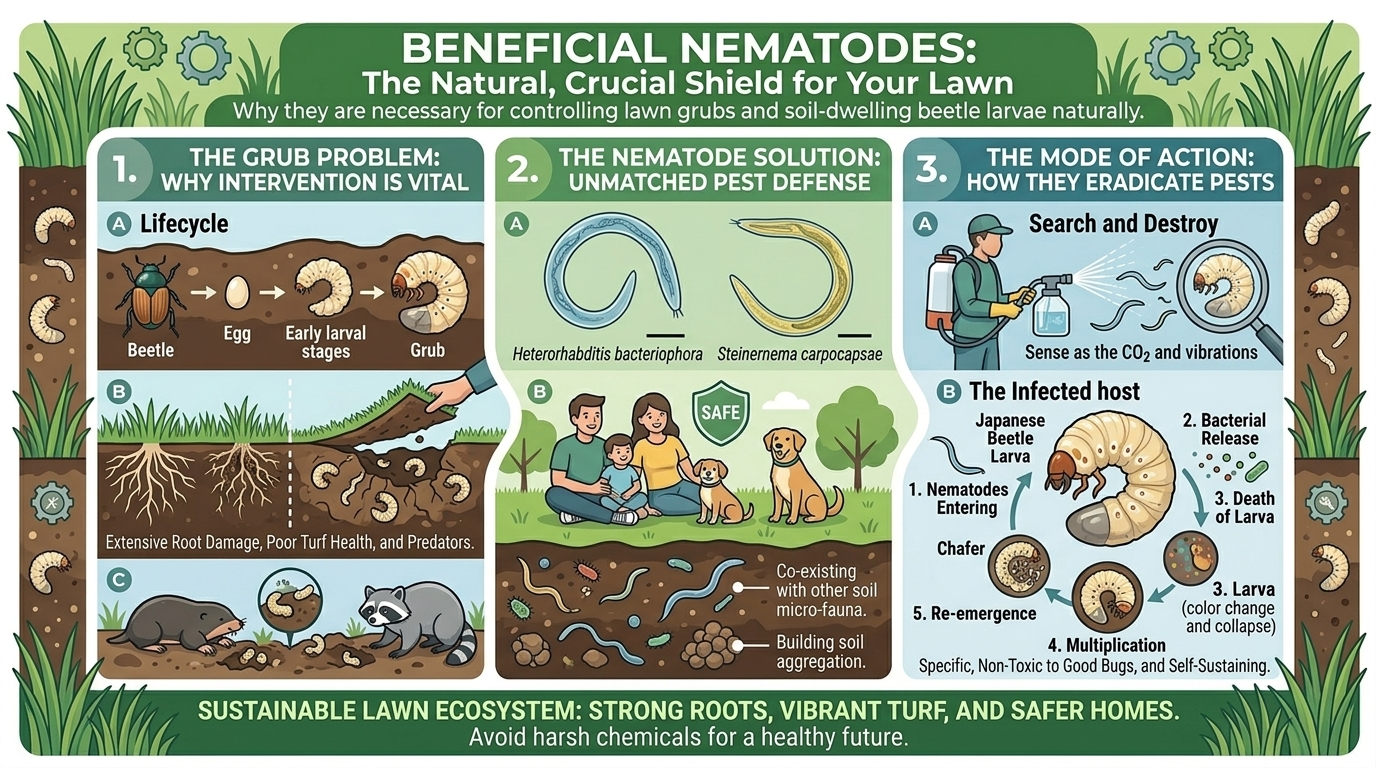 Why beneficial nematodes are necessary for controlling lawn grubs and soil-dwelling beetle larvae naturally.