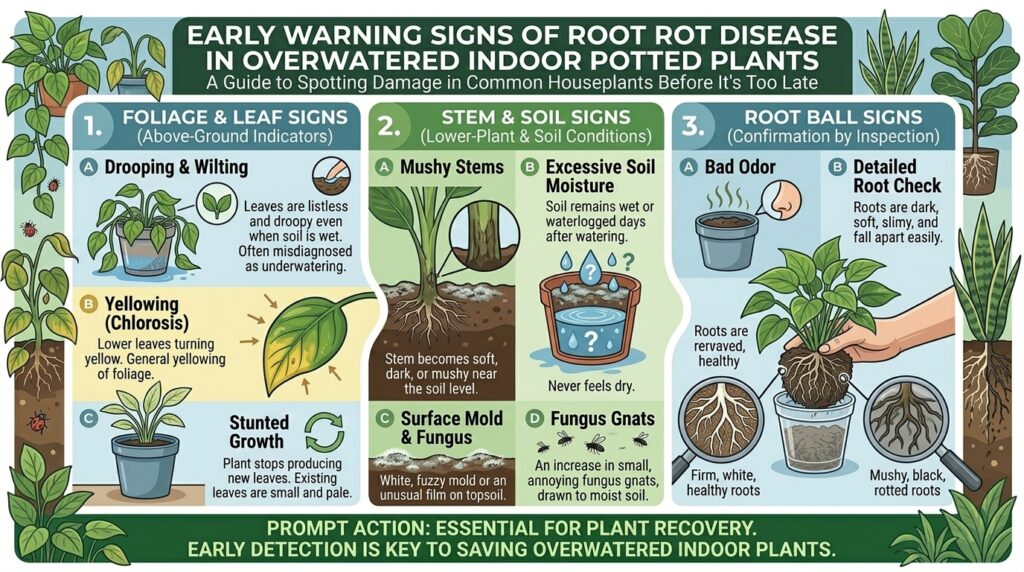 What are the early warning signs of root rot disease in overwatered indoor potted plants?
