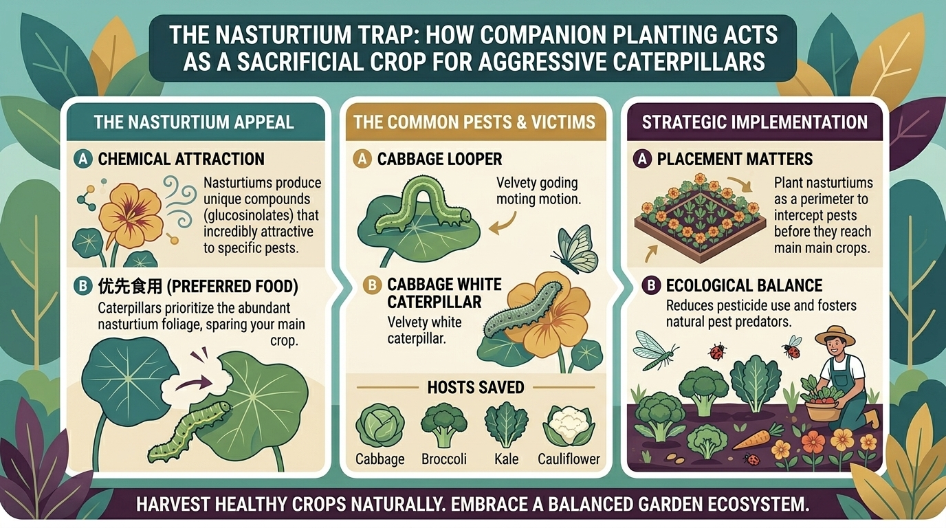 Why companion planting nasturtiums acts as a sacrificial trap crop for aggressive garden caterpillars.