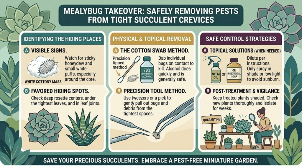 How to safely clear out mealybugs hiding in the tight crevices of your succulent plant collection.