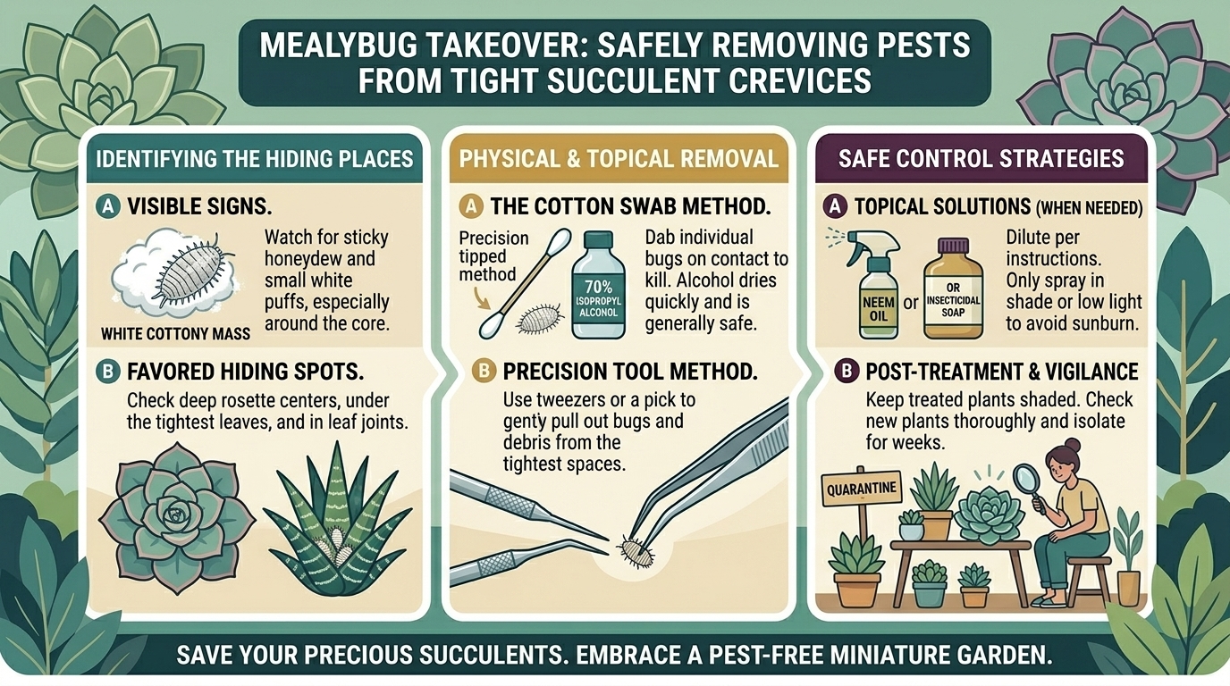 How to safely clear out mealybugs hiding in the tight crevices of your succulent plant collection.
