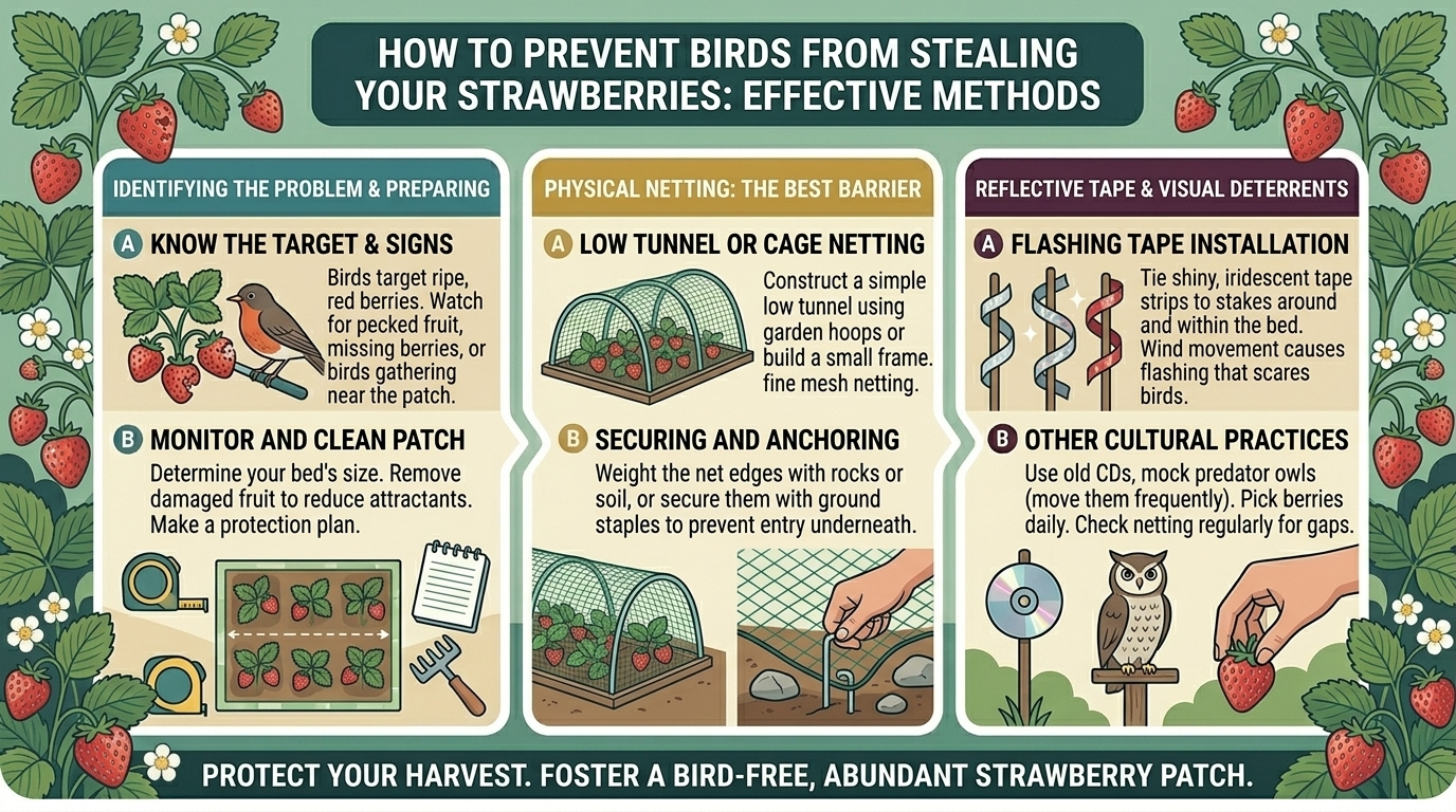 How to prevent birds from stealing your ripening strawberries using physical netting and reflective tape.