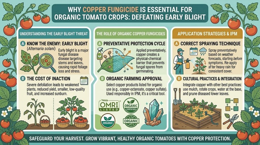 Why copper fungicide sprays are essential for protecting organic tomato crops from early blight disease.