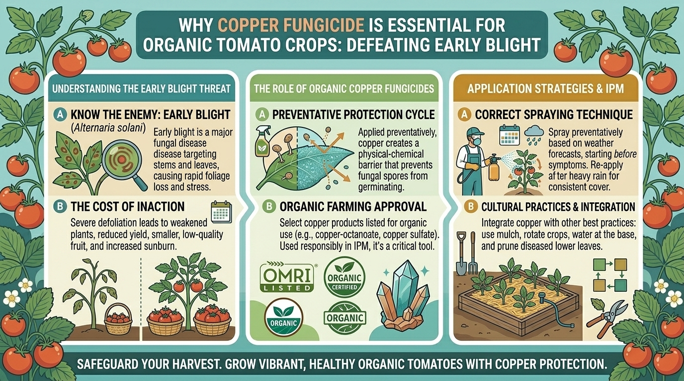 Why copper fungicide sprays are essential for protecting organic tomato crops from early blight disease.